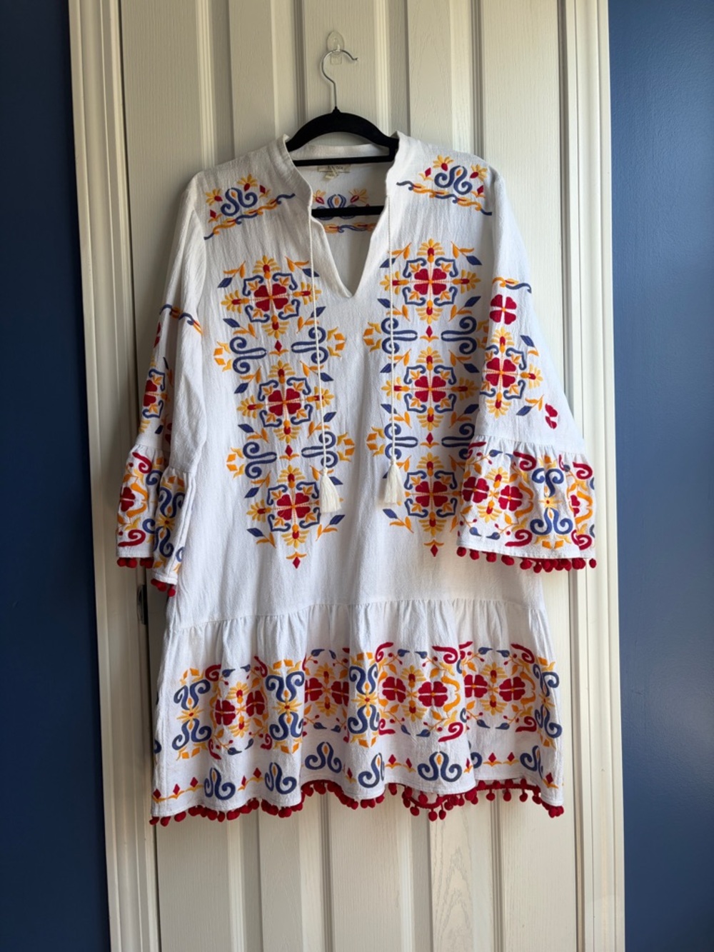 Tyler Boe Embroidered Cotton Boho Peasant Tunic Dress Sz Large Summer Festival